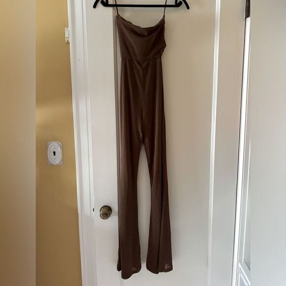 Princess Polly Brown w gold lurex thread flowy boho flare leg jumpsuit 4 NWT - Picture 1 of 16